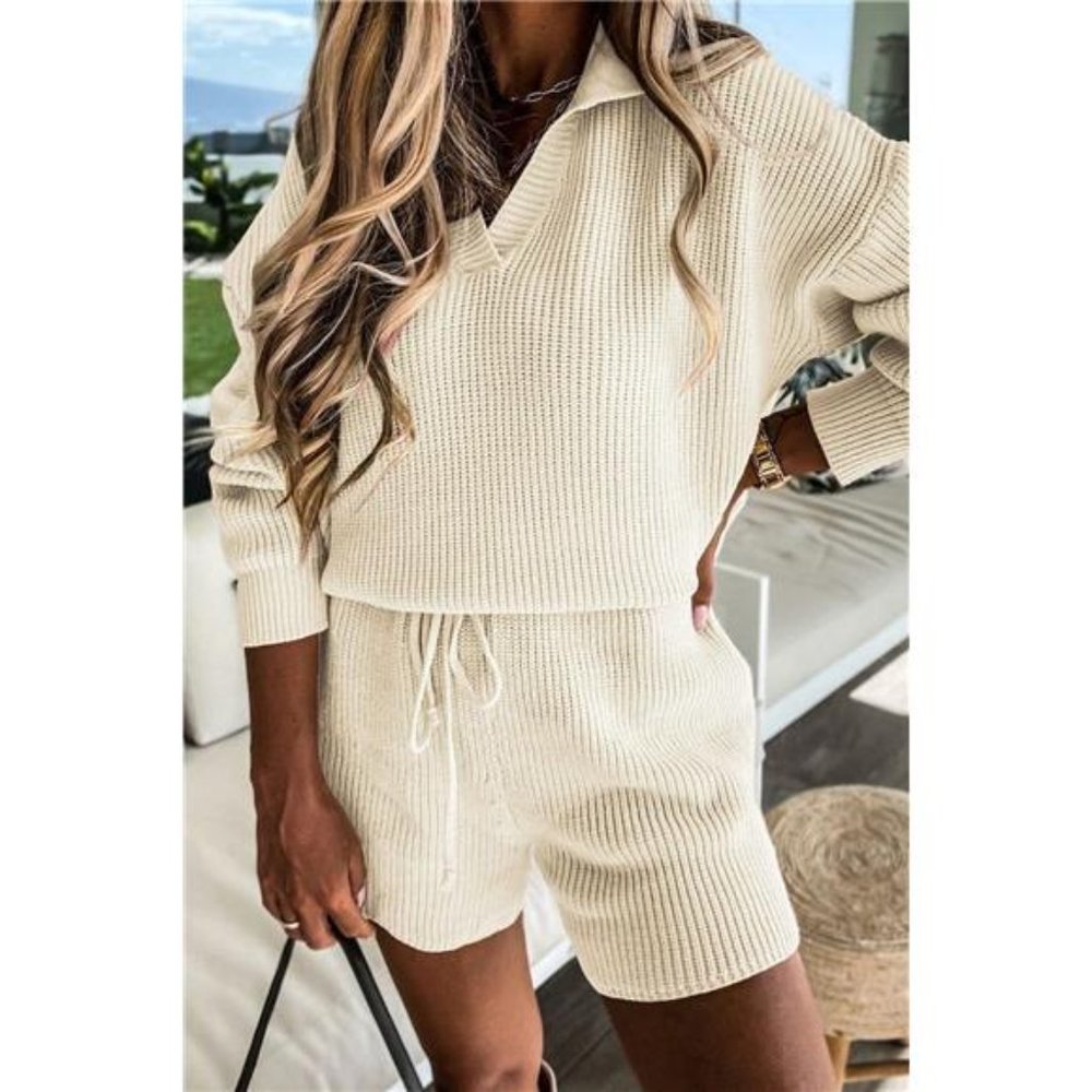 Beige White 2-Piece Ensemble Featuring a Long-Sleeve V-Neck Knit Pullover